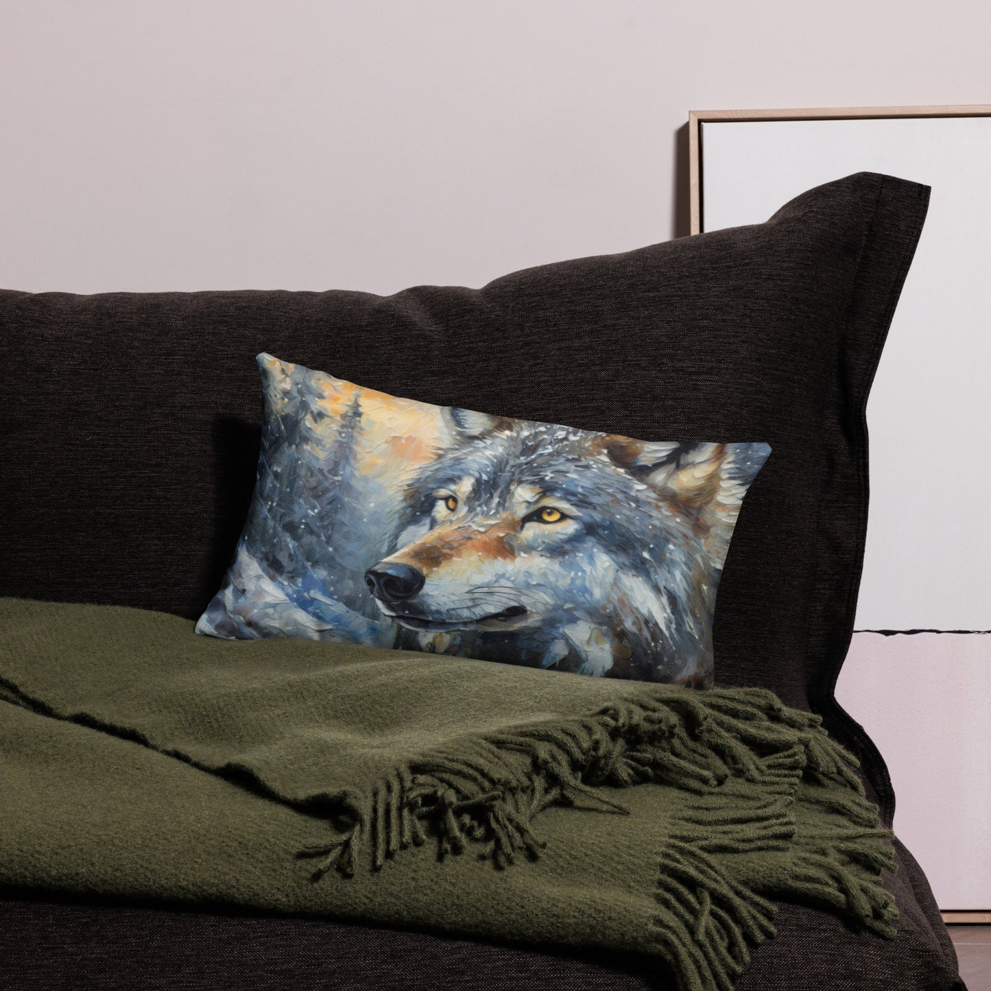 Premium Pillow - A Wolf In Winter, Seasonal Art, Winter Art, Wolf Art, Nature Art, Wildlife Art, Couch Art, Bedroom Art, Living Room Art, Home Décor, Painting, Artwork, Art,