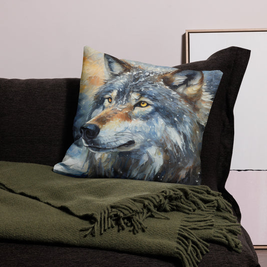 Premium Pillow - A Wolf In Winter, Seasonal Art, Winter Art, Wolf Art, Nature Art, Wildlife Art, Couch Art, Bedroom Art, Living Room Art, Home Décor, Painting, Artwork, Art,