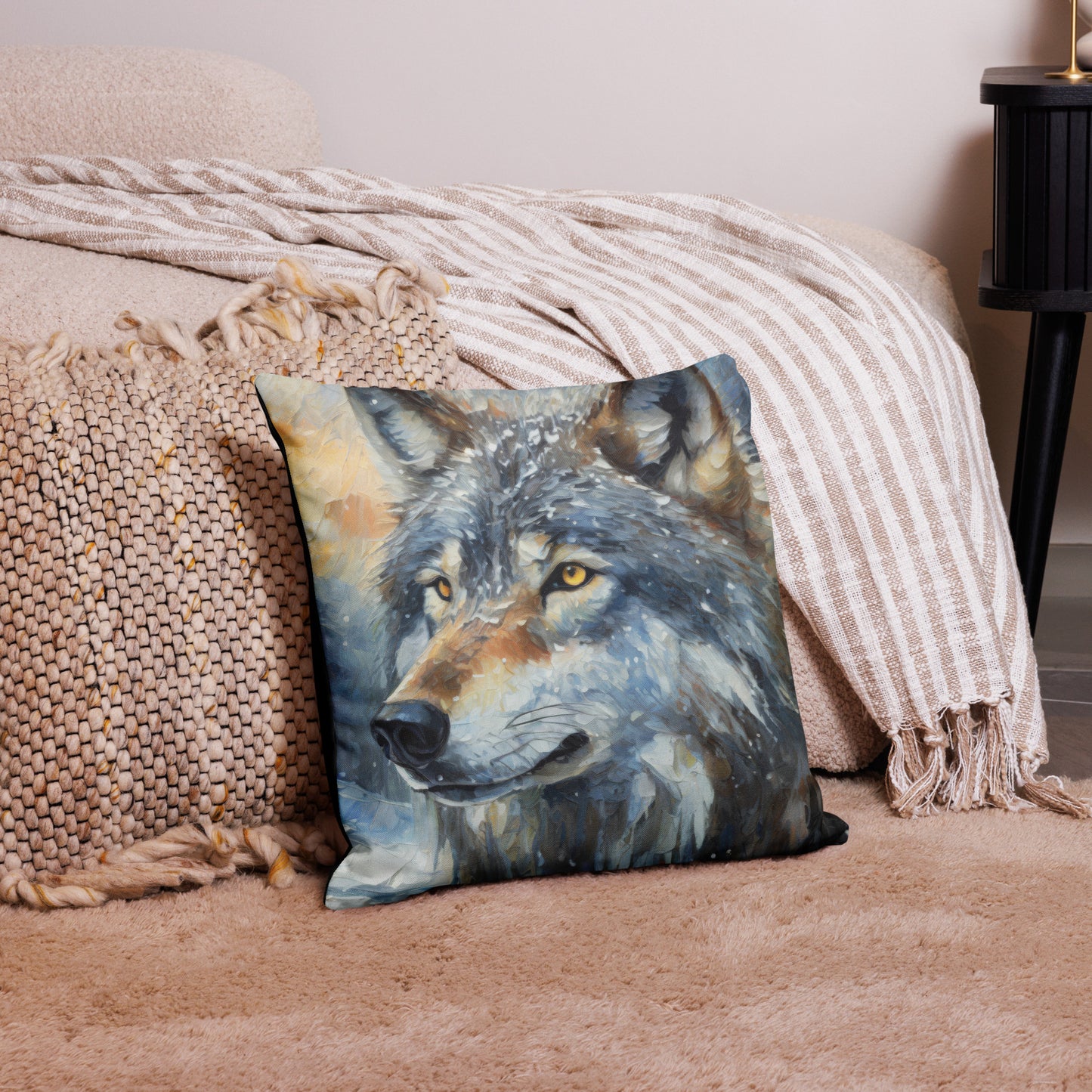 Premium Pillow Case - A Wolf In Winter, Seasonal Art, Winter Art, Wolf Art, Nature Art, Wildlife Art, Couch Art, Bedroom Art, Living Room Art, Home Décor, Painting, Artwork, Art,