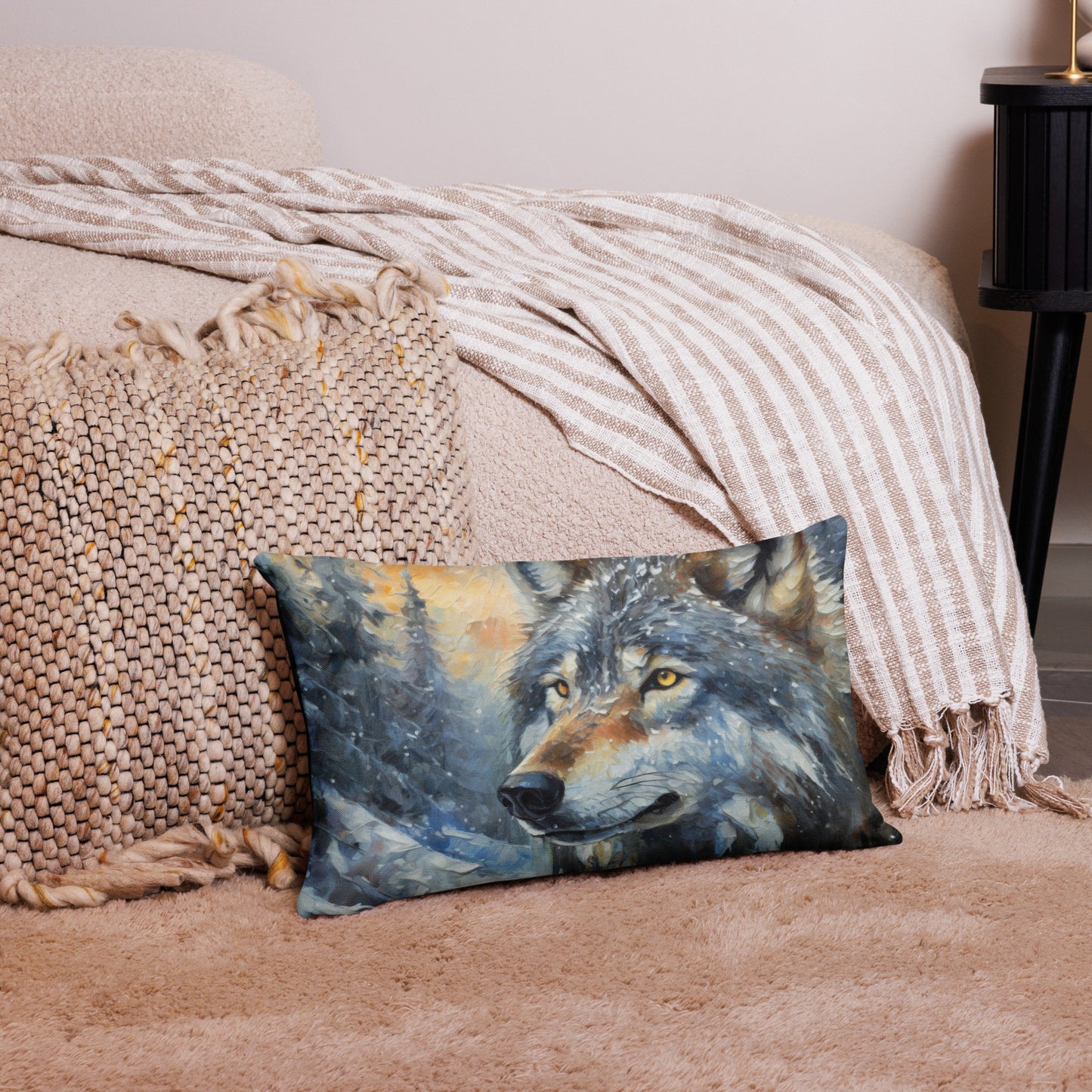 Premium Pillow Case - A Wolf In Winter, Seasonal Art, Winter Art, Wolf Art, Nature Art, Wildlife Art, Couch Art, Bedroom Art, Living Room Art, Home Décor, Painting, Artwork, Art,