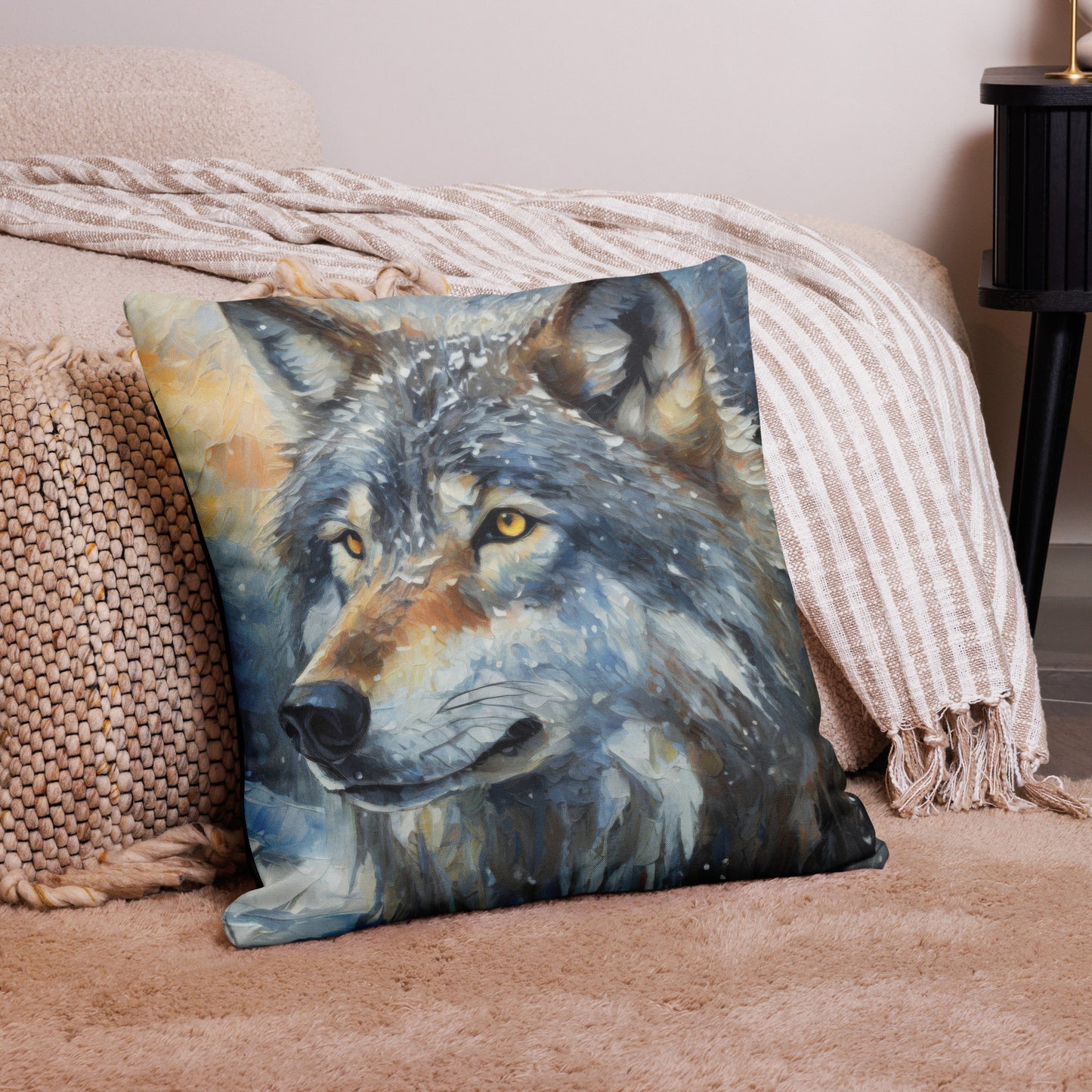 Premium Pillow Case - A Wolf In Winter, Seasonal Art, Winter Art, Wolf Art, Nature Art, Wildlife Art, Couch Art, Bedroom Art, Living Room Art, Home Décor, Painting, Artwork, Art,