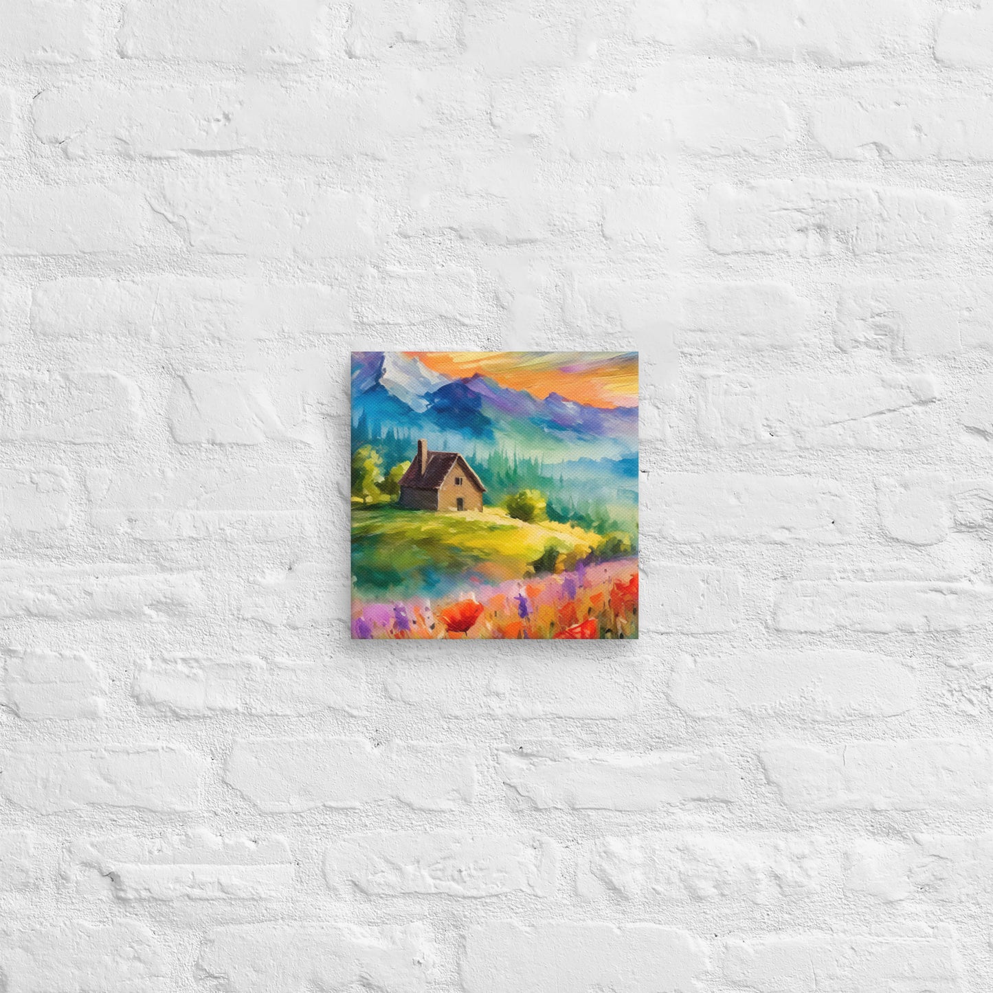 Canvas - A Cabin In The Mountains, Mountain Art, Floral Art, Nature Art, Surreal Art, Home Art, Living Room Art, Colorful Art, Stylized Art, Canvas Art, Van Gogh Style,