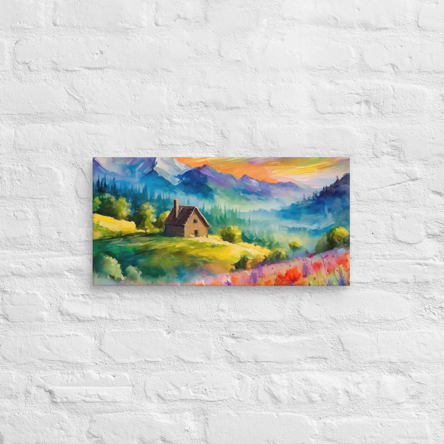 Canvas - A Cabin In The Mountains, Mountain Art, Floral Art, Nature Art, Surreal Art, Home Art, Living Room Art, Colorful Art, Stylized Art, Canvas Art, Van Gogh Style,