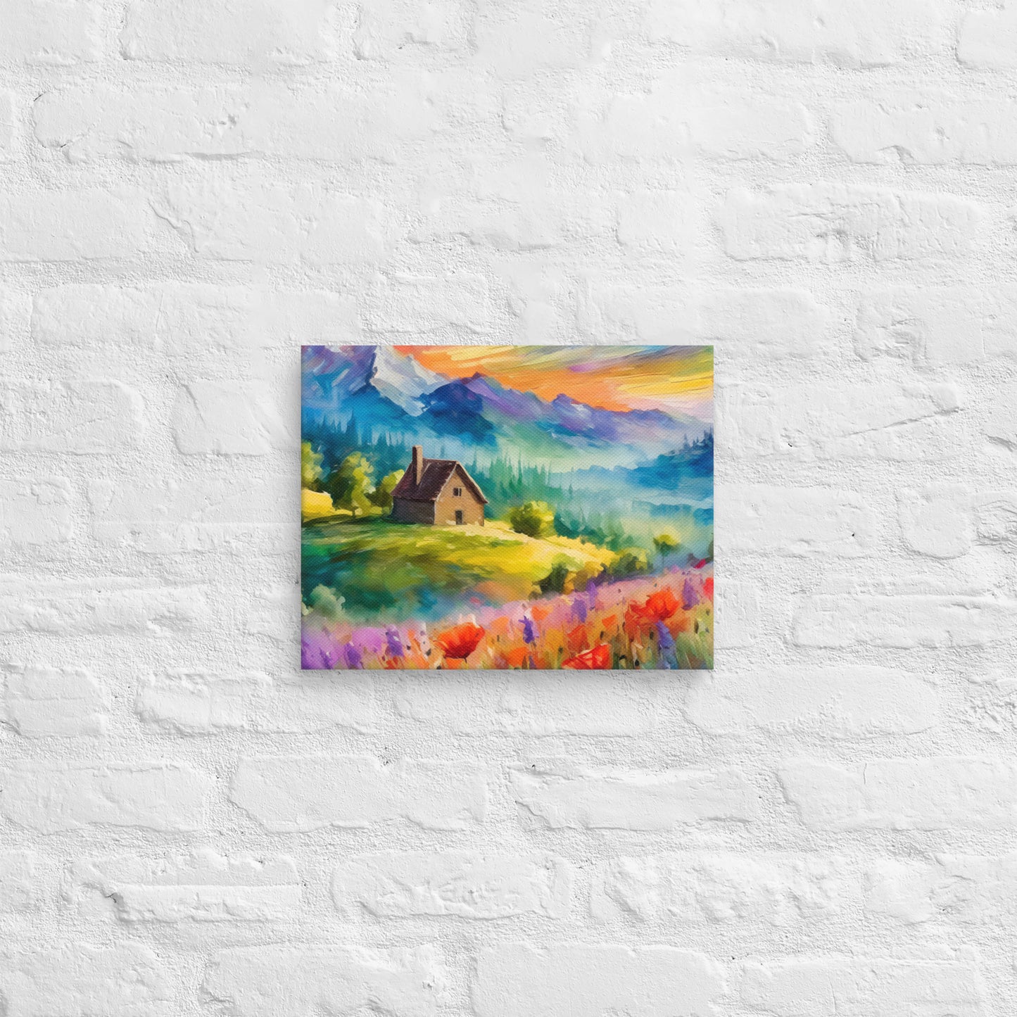 Canvas - A Cabin In The Mountains, Mountain Art, Floral Art, Nature Art, Surreal Art, Home Art, Living Room Art, Colorful Art, Stylized Art, Canvas Art, Van Gogh Style,