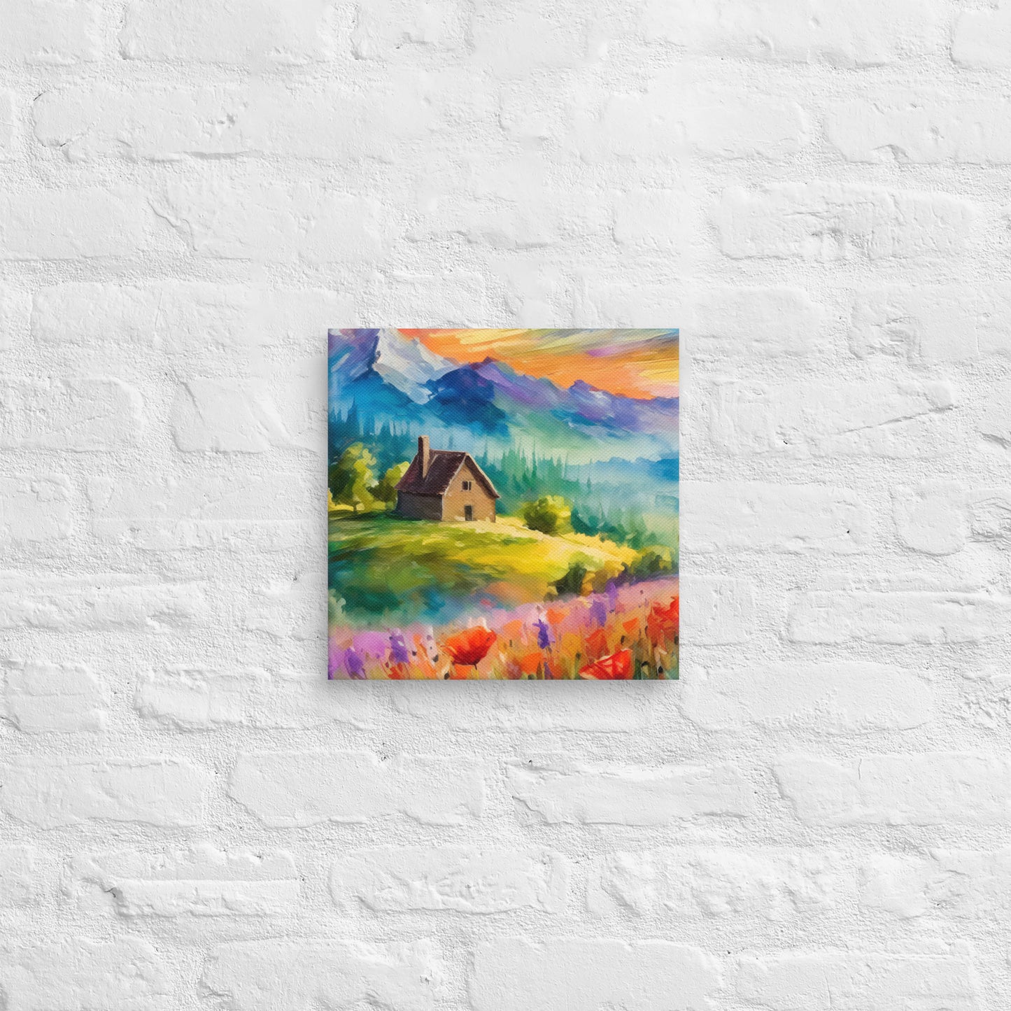 Canvas - A Cabin In The Mountains, Mountain Art, Floral Art, Nature Art, Surreal Art, Home Art, Living Room Art, Colorful Art, Stylized Art, Canvas Art, Van Gogh Style,