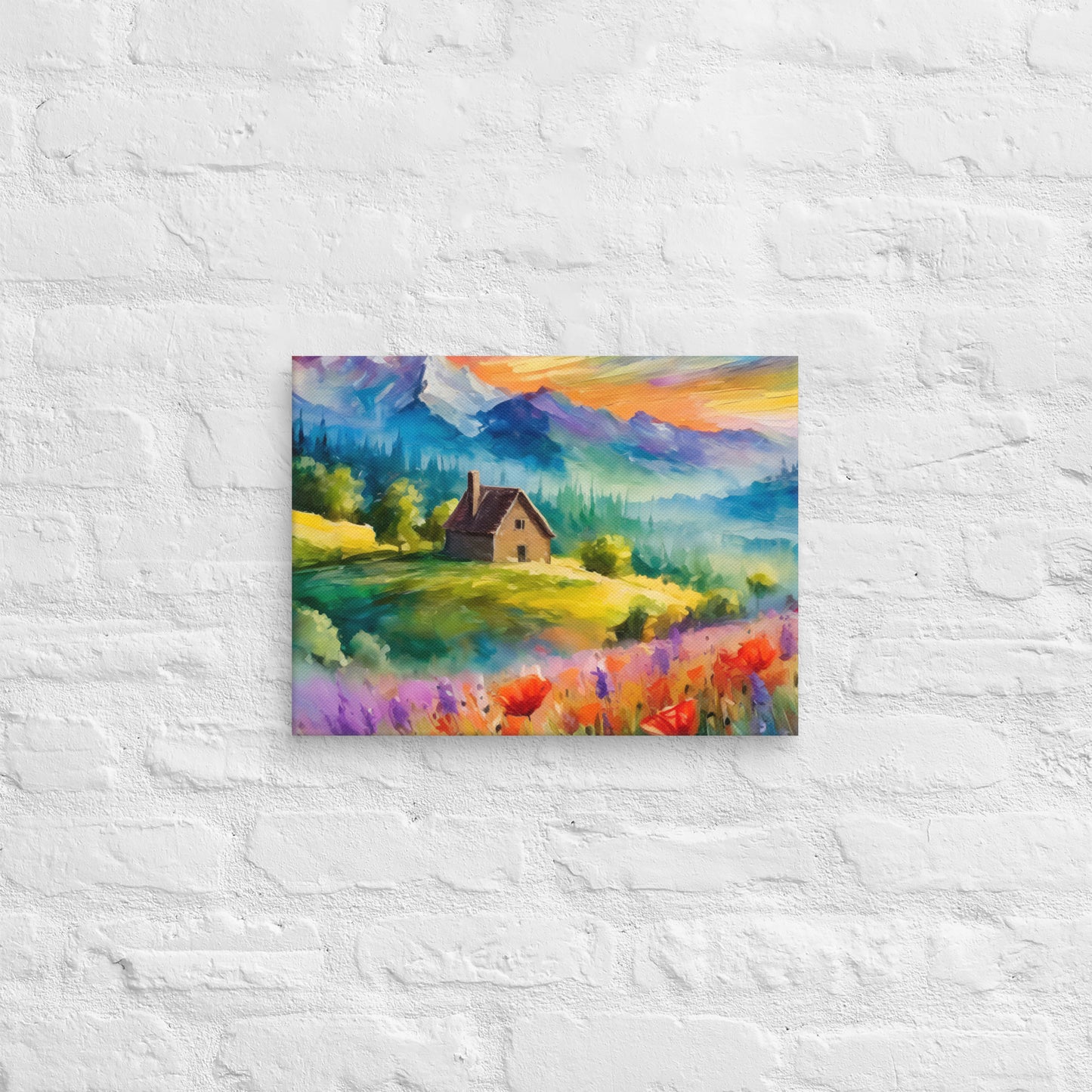 Canvas - A Cabin In The Mountains, Mountain Art, Floral Art, Nature Art, Surreal Art, Home Art, Living Room Art, Colorful Art, Stylized Art, Canvas Art, Van Gogh Style,