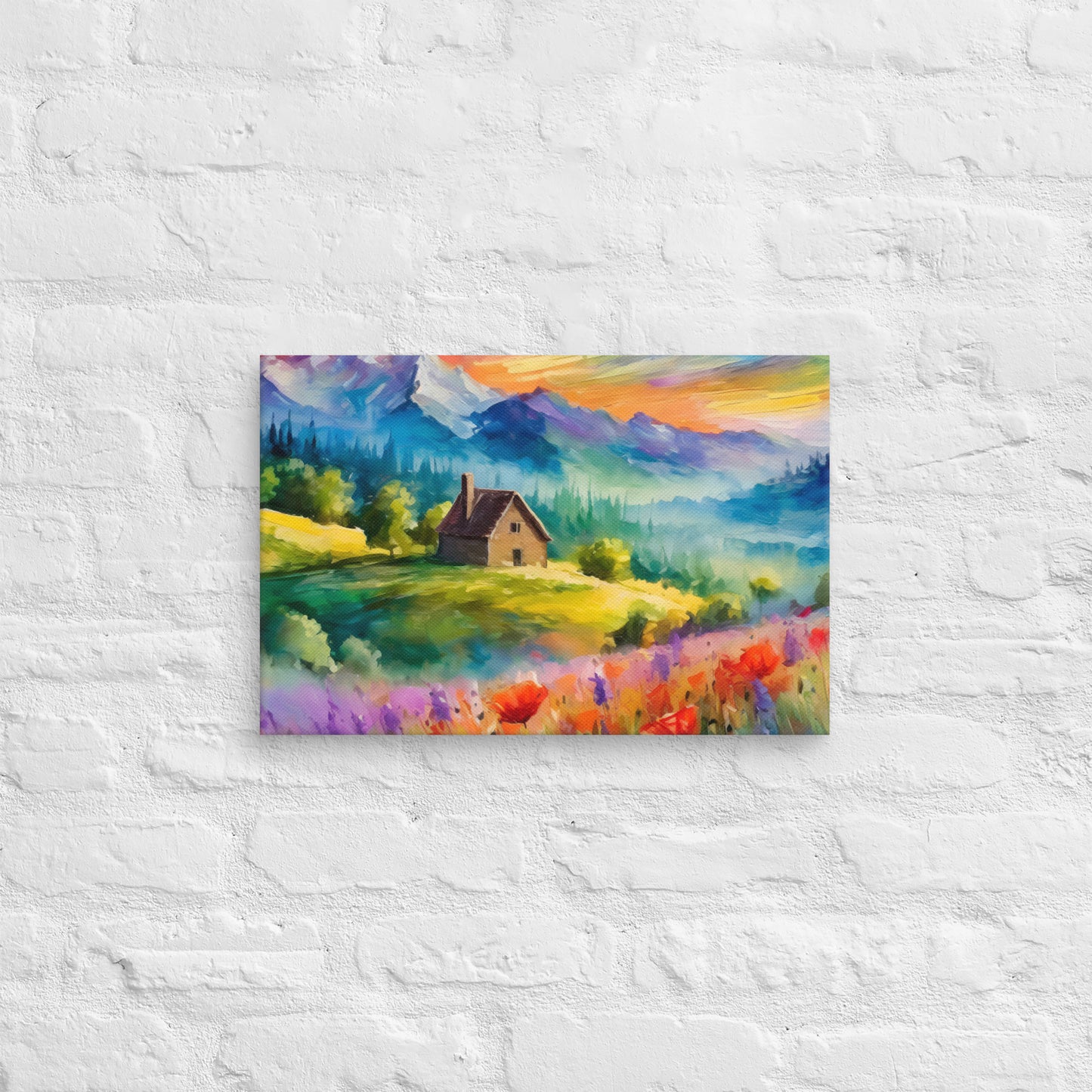 Canvas - A Cabin In The Mountains, Mountain Art, Floral Art, Nature Art, Surreal Art, Home Art, Living Room Art, Colorful Art, Stylized Art, Canvas Art, Van Gogh Style,