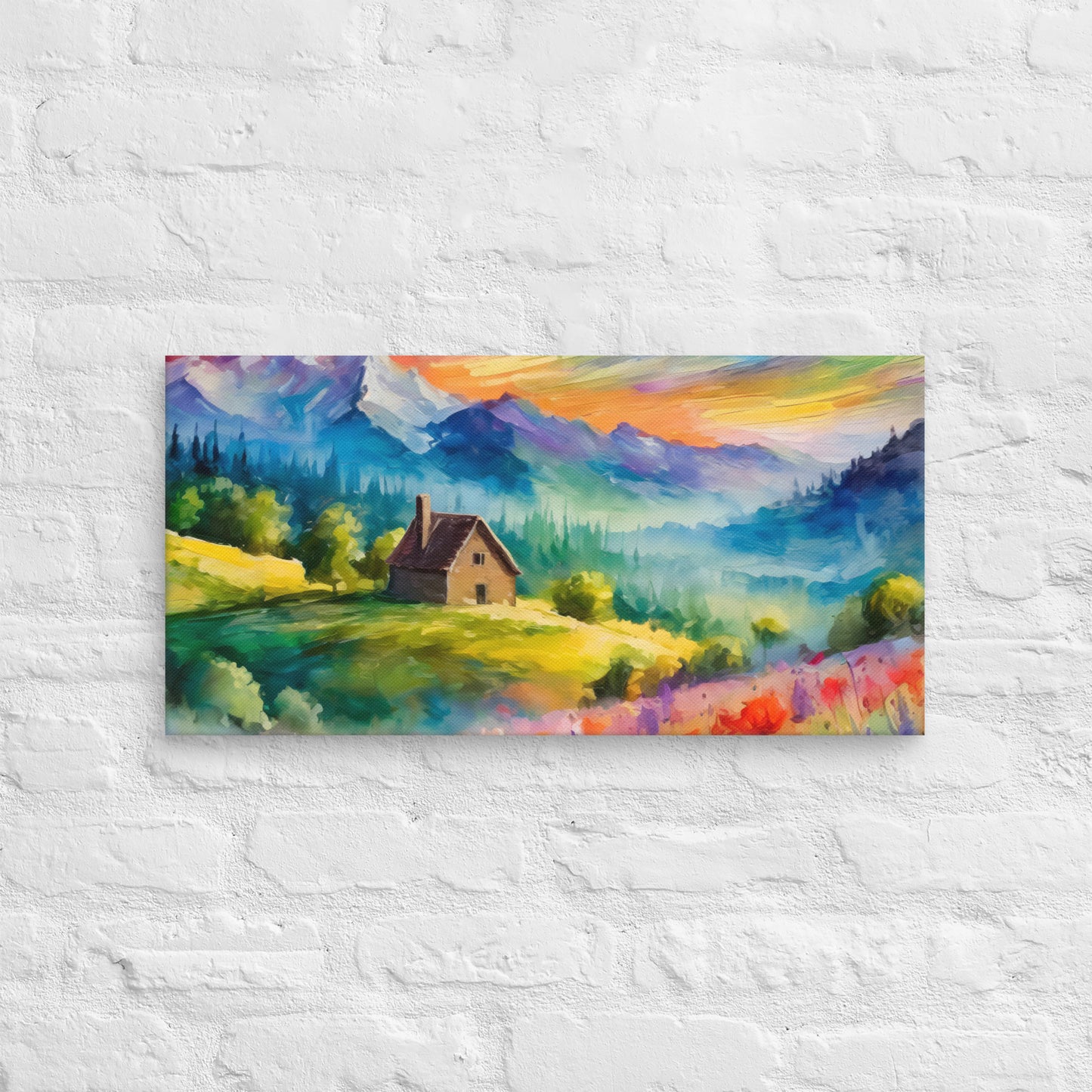 Canvas - A Cabin In The Mountains, Mountain Art, Floral Art, Nature Art, Surreal Art, Home Art, Living Room Art, Colorful Art, Stylized Art, Canvas Art, Van Gogh Style,