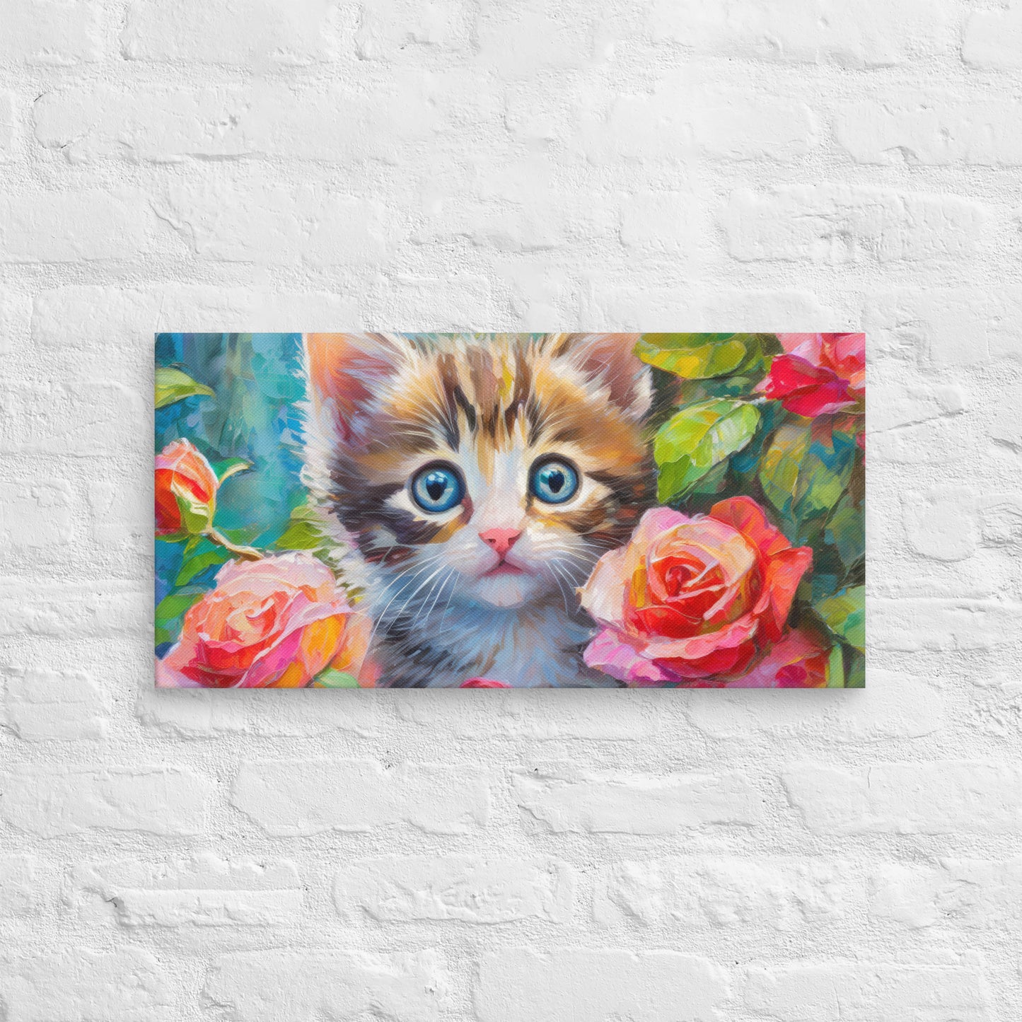 Canvas - A Kitten In The Rose Bush, Kitten Art, Cat Art, Feline Art, Nature Art, Floral Art, Rose Art, Cute Art, Kids Art, Colorful Art, Wall Art, Office Art, Living Room Art