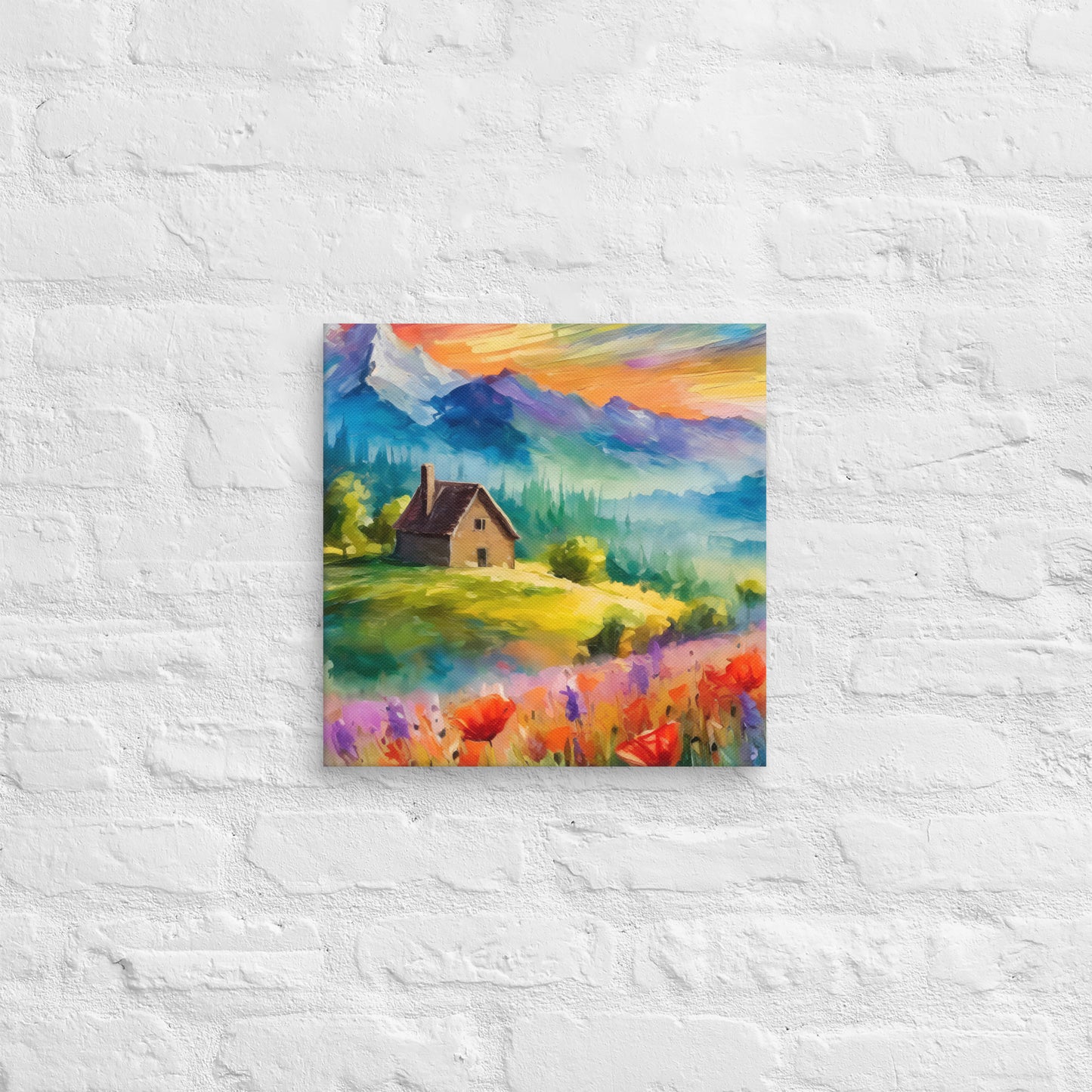 Canvas - A Cabin In The Mountains, Mountain Art, Floral Art, Nature Art, Surreal Art, Home Art, Living Room Art, Colorful Art, Stylized Art, Canvas Art, Van Gogh Style,