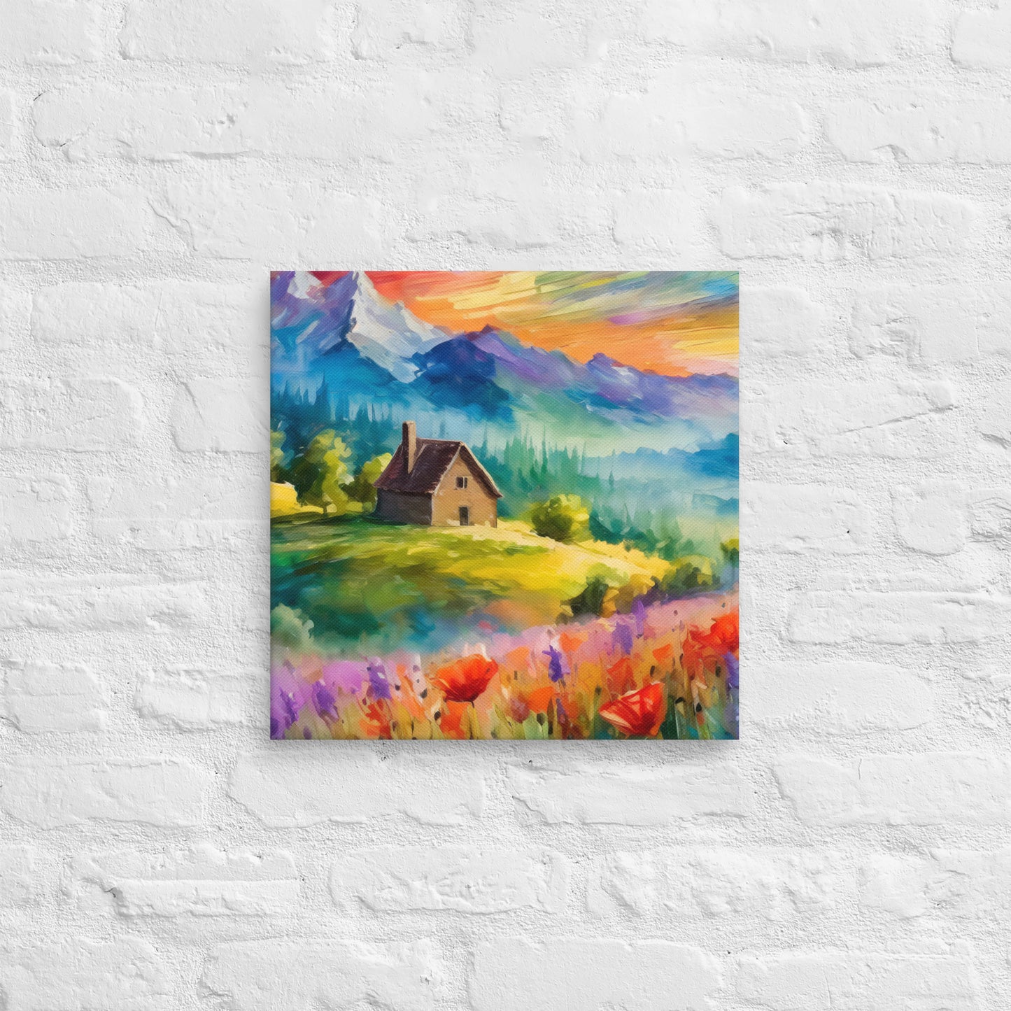 Canvas - A Cabin In The Mountains, Mountain Art, Floral Art, Nature Art, Surreal Art, Home Art, Living Room Art, Colorful Art, Stylized Art, Canvas Art, Van Gogh Style,