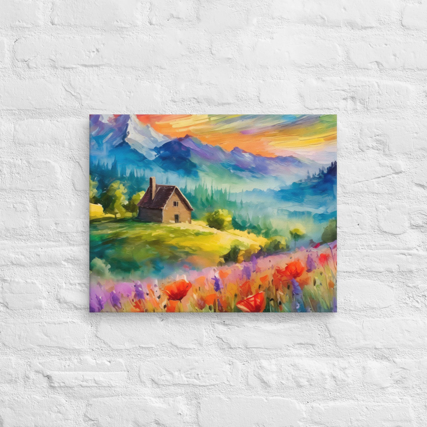 Canvas - A Cabin In The Mountains, Mountain Art, Floral Art, Nature Art, Surreal Art, Home Art, Living Room Art, Colorful Art, Stylized Art, Canvas Art, Van Gogh Style,