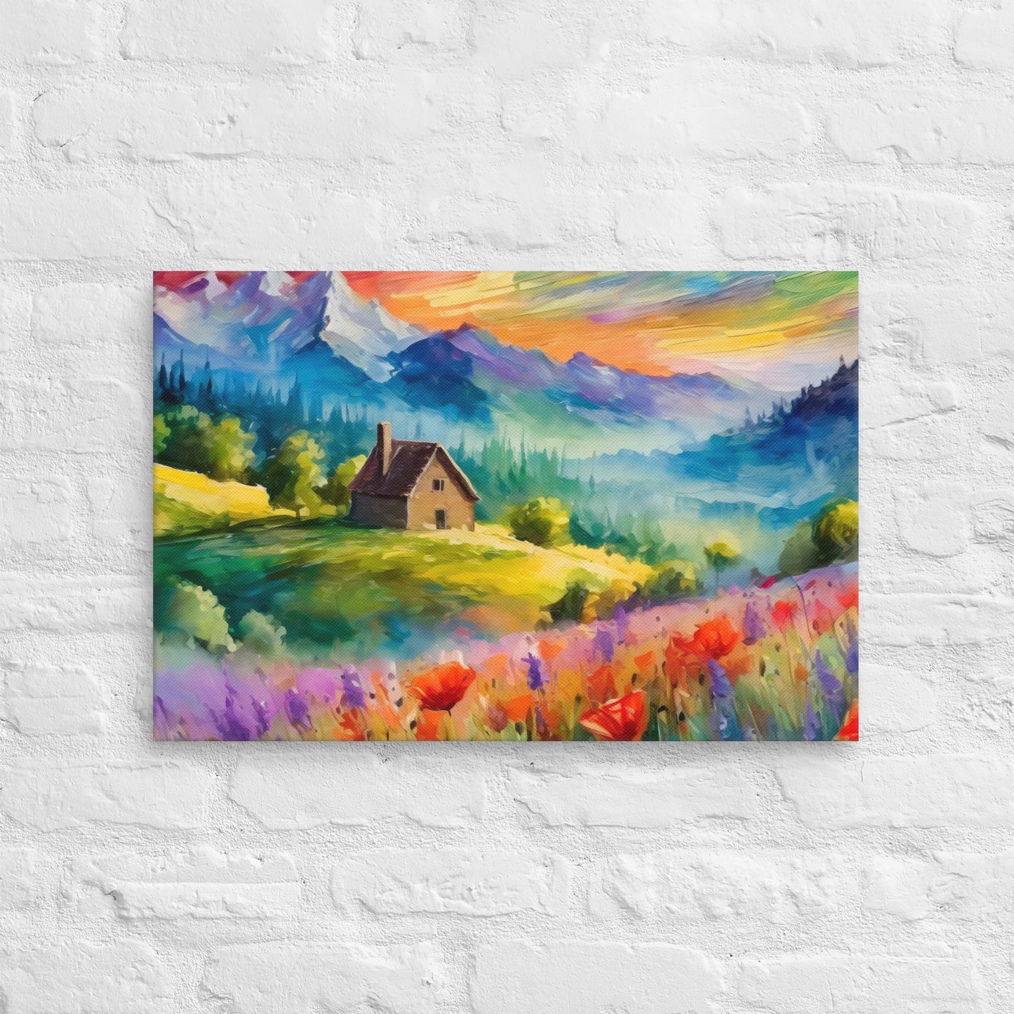 Canvas - A Cabin In The Mountains, Mountain Art, Floral Art, Nature Art, Surreal Art, Home Art, Living Room Art, Colorful Art, Stylized Art, Canvas Art, Van Gogh Style,