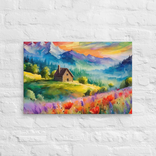 Canvas - A Cabin In The Mountains, Mountain Art, Floral Art, Nature Art, Surreal Art, Home Art, Living Room Art, Colorful Art, Stylized Art, Canvas Art, Van Gogh Style,