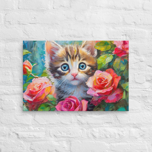 Canvas - A Kitten In The Rose Bush, Kitten Art, Cat Art, Feline Art, Nature Art, Floral Art, Rose Art, Cute Art, Kids Art, Colorful Art, Wall Art, Office Art, Living Room Art