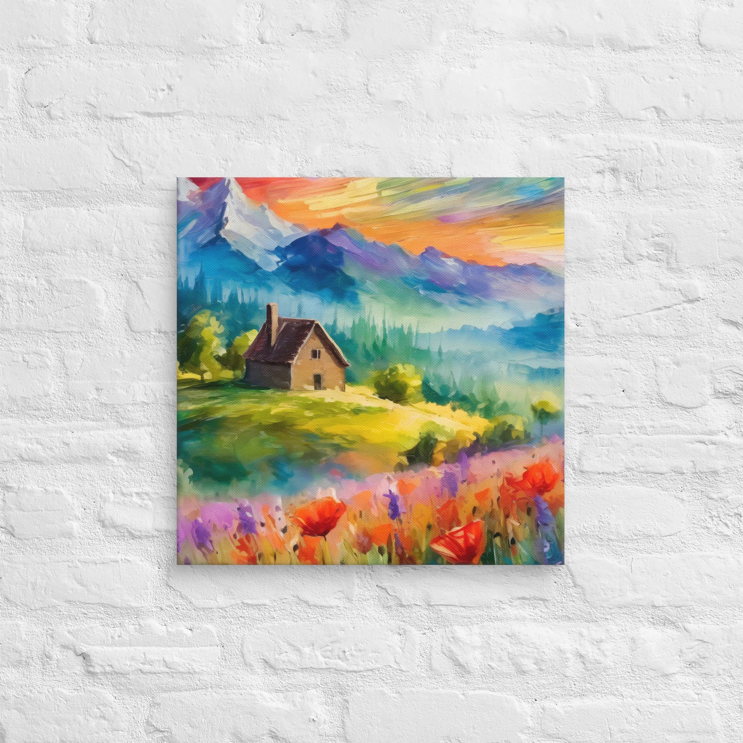 Canvas - A Cabin In The Mountains, Mountain Art, Floral Art, Nature Art, Surreal Art, Home Art, Living Room Art, Colorful Art, Stylized Art, Canvas Art, Van Gogh Style,