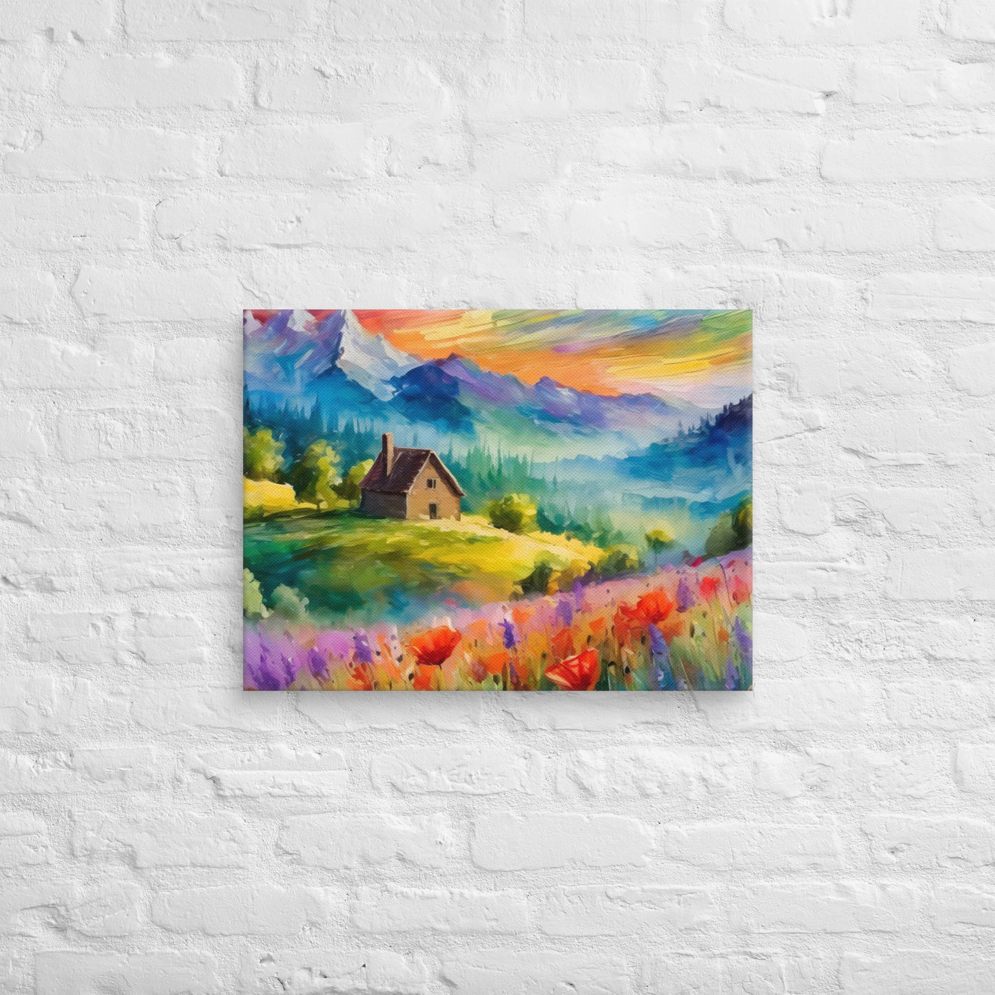 Canvas - A Cabin In The Mountains, Mountain Art, Floral Art, Nature Art, Surreal Art, Home Art, Living Room Art, Colorful Art, Stylized Art, Canvas Art, Van Gogh Style,