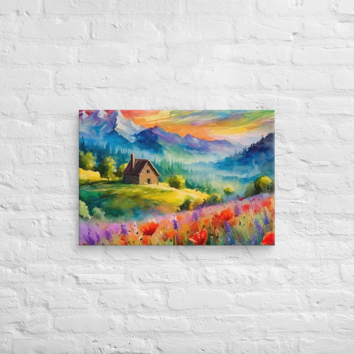 Canvas - A Cabin In The Mountains, Mountain Art, Floral Art, Nature Art, Surreal Art, Home Art, Living Room Art, Colorful Art, Stylized Art, Canvas Art, Van Gogh Style,