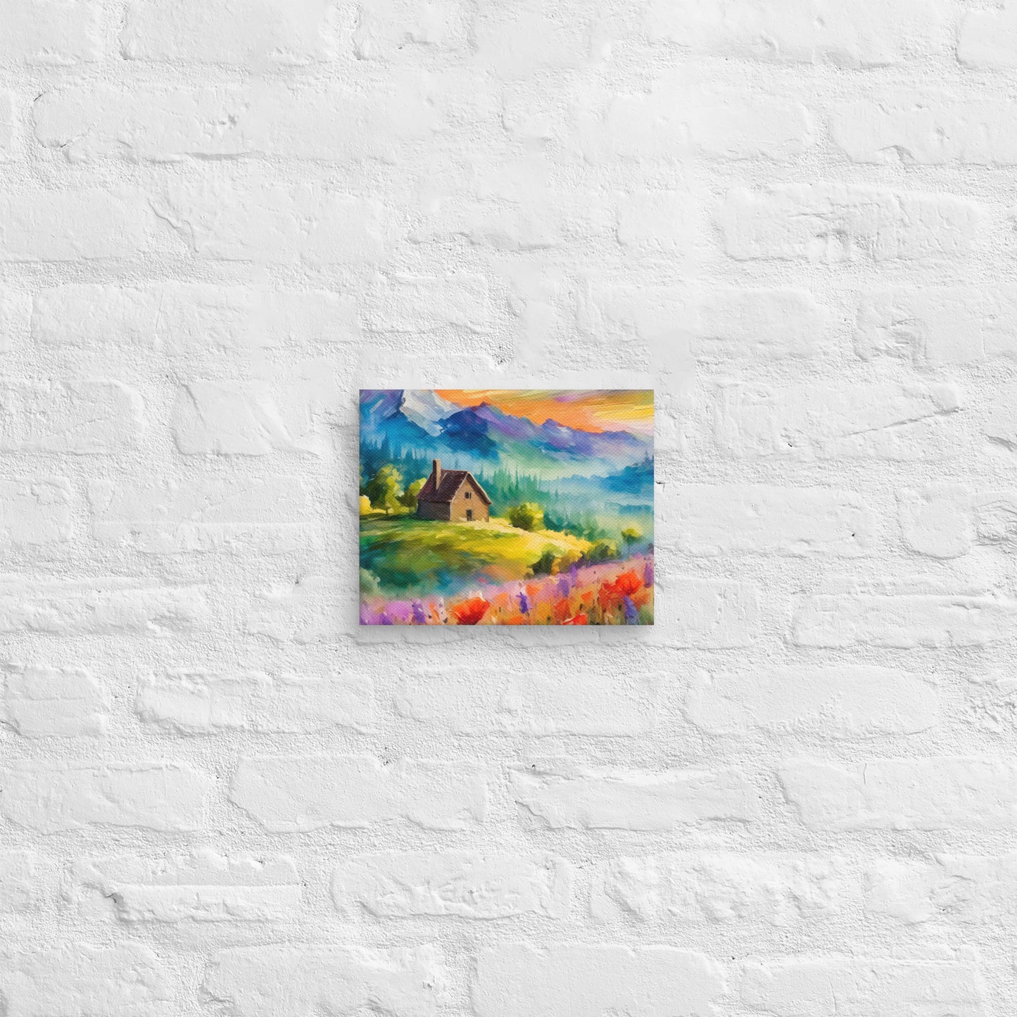 Canvas - A Cabin In The Mountains, Mountain Art, Floral Art, Nature Art, Surreal Art, Home Art, Living Room Art, Colorful Art, Stylized Art, Canvas Art, Van Gogh Style,