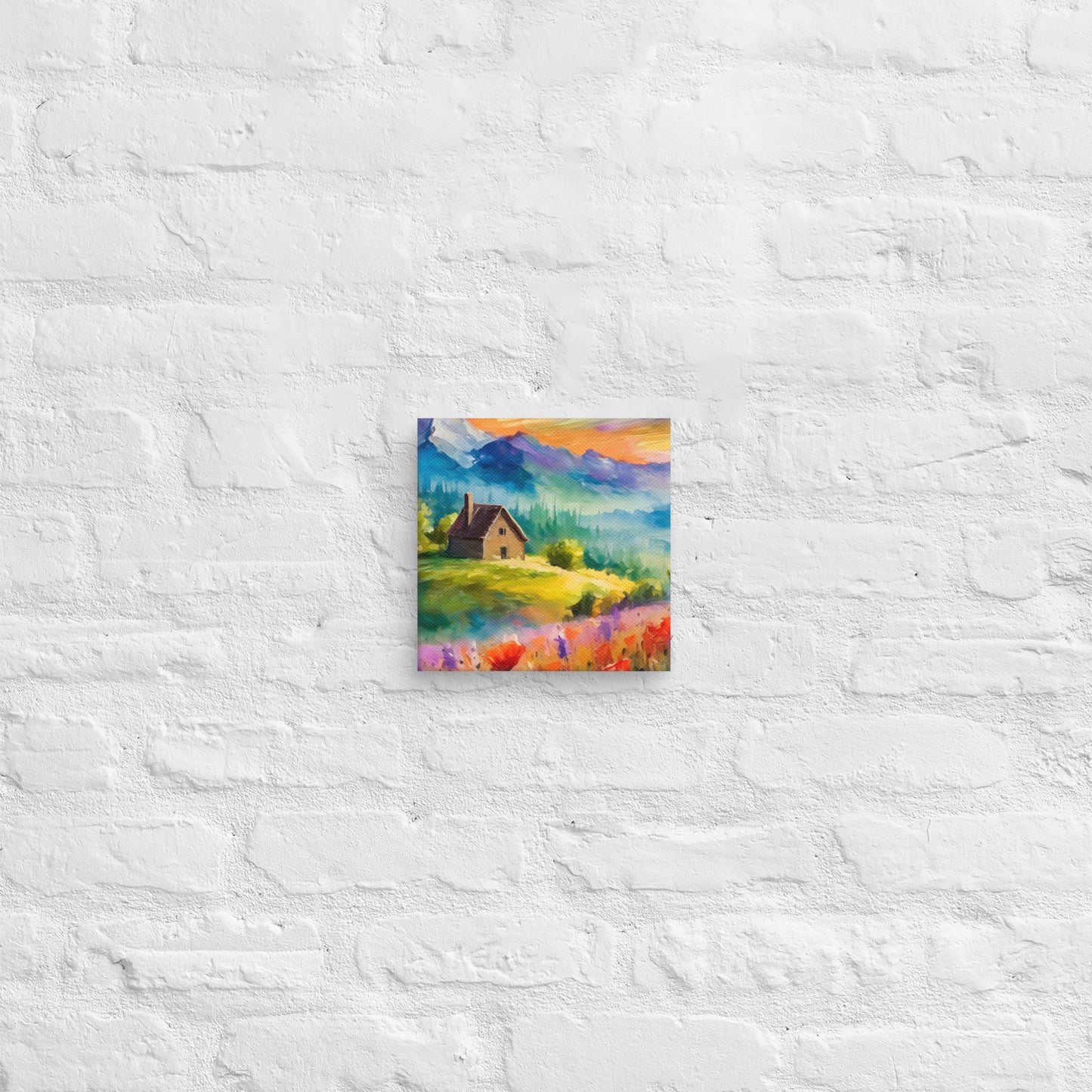 Canvas - A Cabin In The Mountains, Mountain Art, Floral Art, Nature Art, Surreal Art, Home Art, Living Room Art, Colorful Art, Stylized Art, Canvas Art, Van Gogh Style,