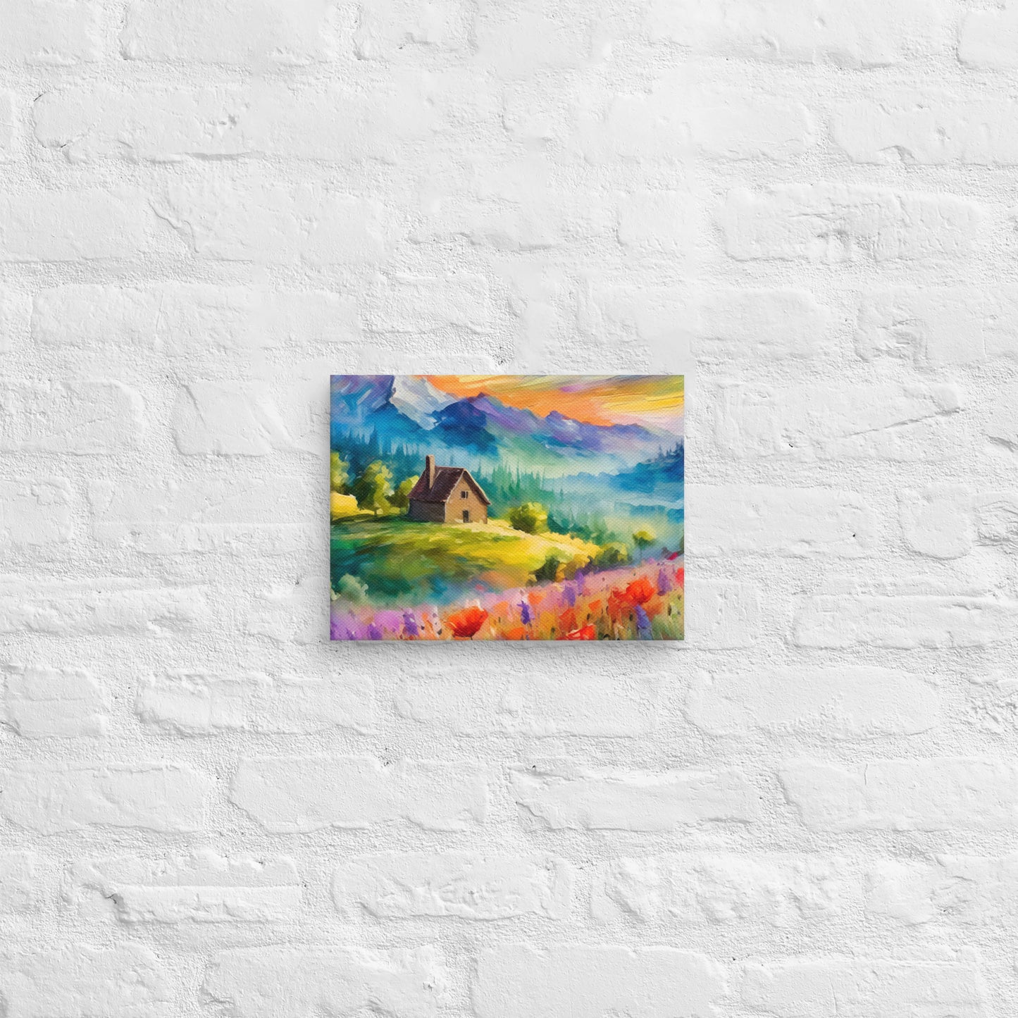 Canvas - A Cabin In The Mountains, Mountain Art, Floral Art, Nature Art, Surreal Art, Home Art, Living Room Art, Colorful Art, Stylized Art, Canvas Art, Van Gogh Style,