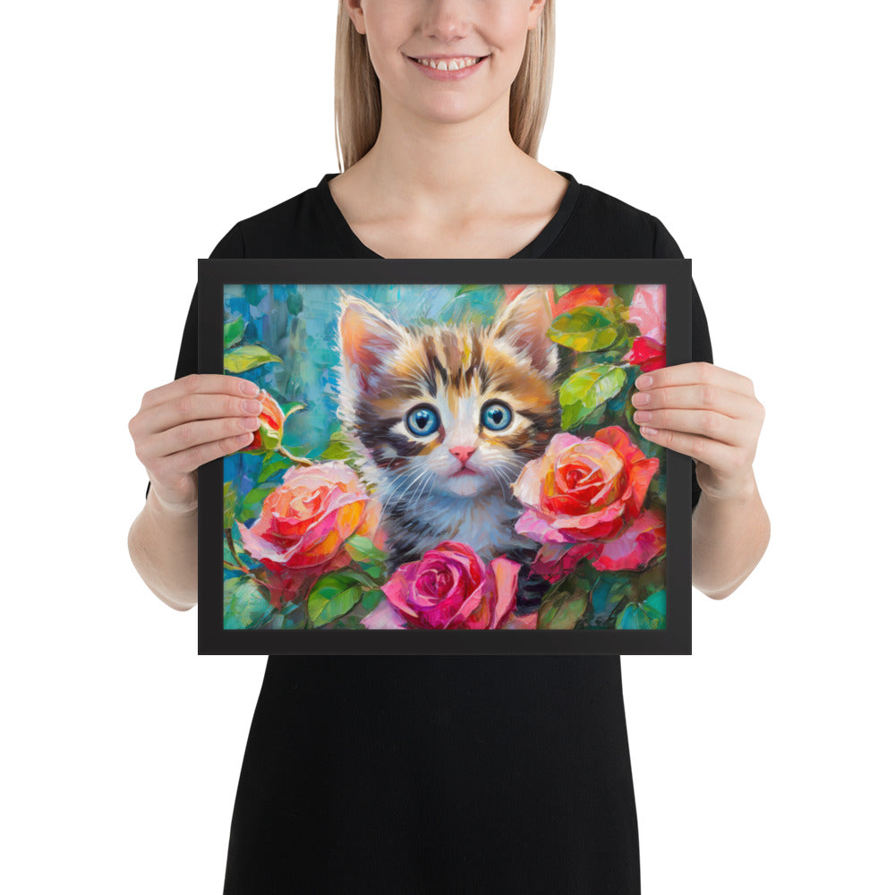 kitten, cat, cats, roses, rose, rose bush, flowers, flower, pets, nature, cute, art,