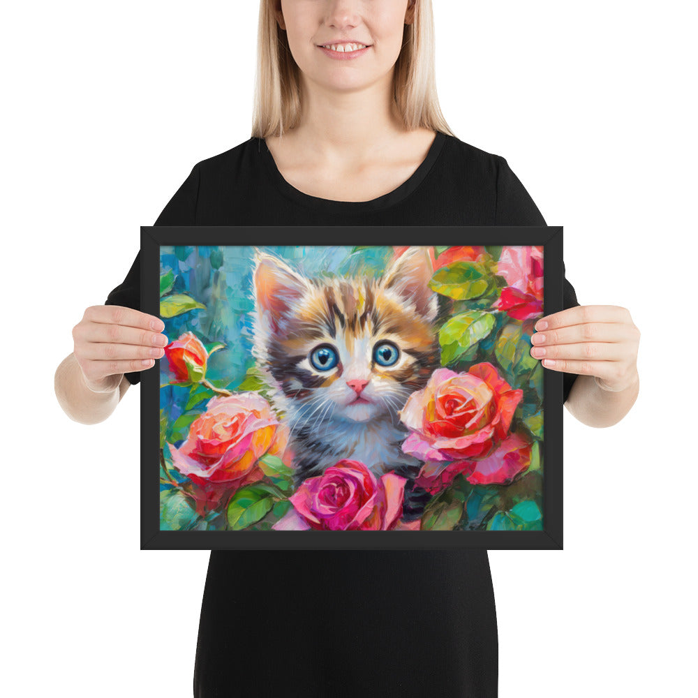 kitten, cat, cats, roses, rose, rose bush, flowers, flower, pets, nature, cute, art,