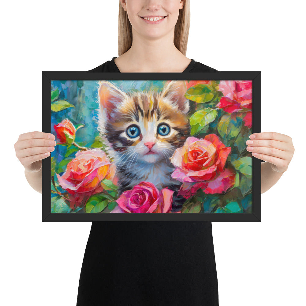 kitten, cat, cats, roses, rose, rose bush, flowers, flower, pets, nature, cute, art,