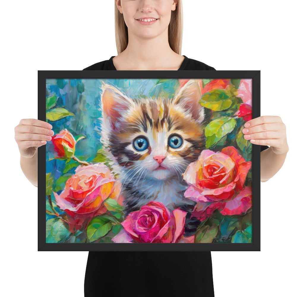 kitten, cat, cats, roses, rose, rose bush, flowers, flower, pets, nature, cute, art,