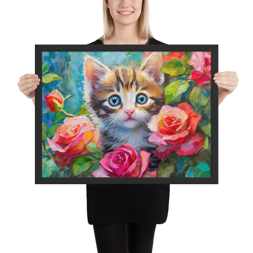 kitten, cat, cats, roses, rose, rose bush, flowers, flower, pets, nature, cute, art,