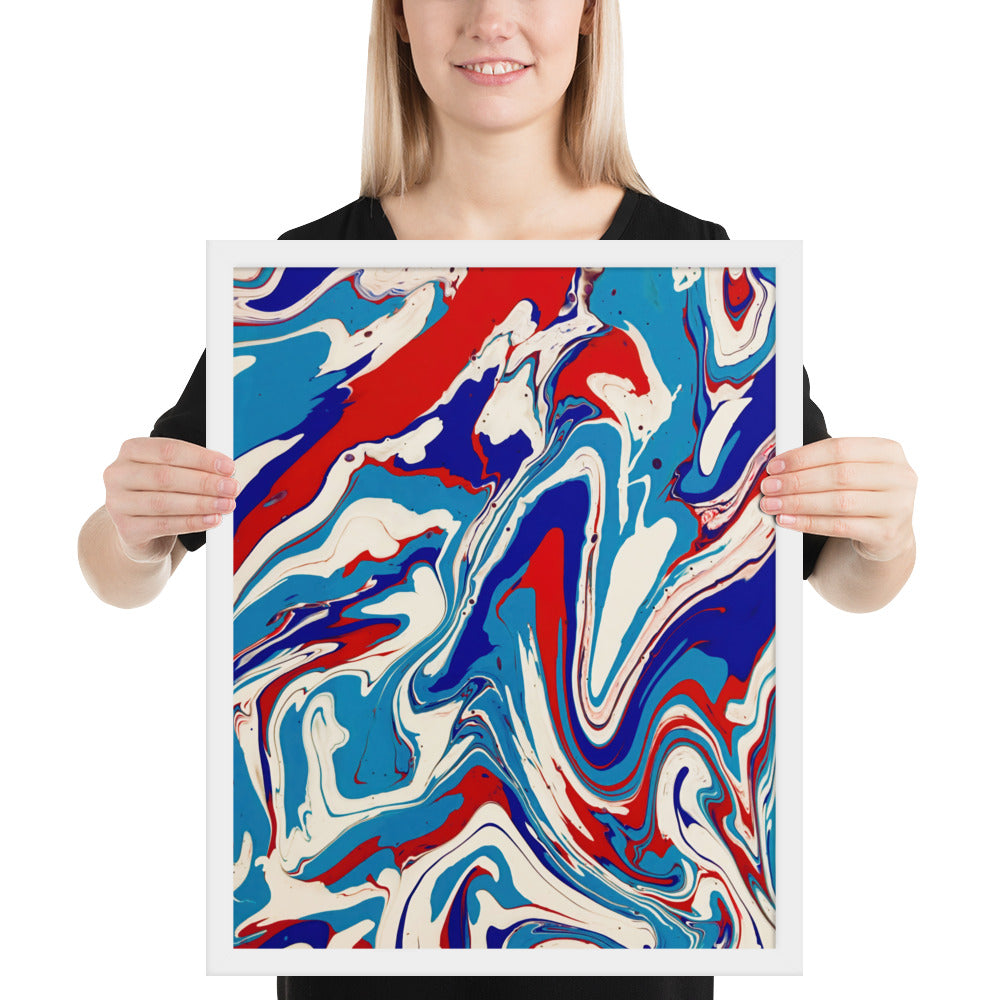 Framed Poster - Abstract I, Red, White and Blue, Talovon Art, Surreal Art, Stylized Art, Wall Art, Abstract Art, Flow Painting, Acrylic Painting, Colorful Art, Vibrant Art,