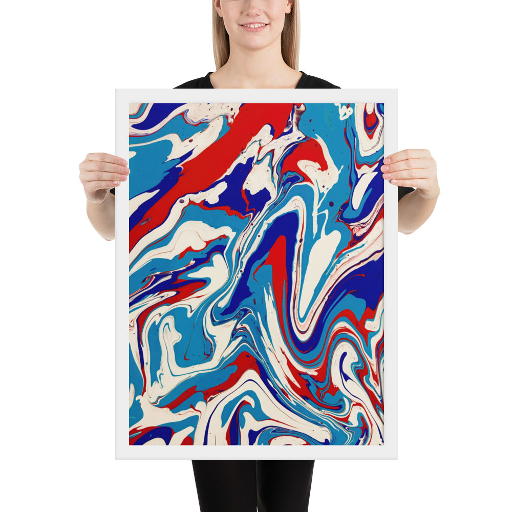 Framed Poster - Abstract I, Red, White and Blue, Talovon Art, Surreal Art, Stylized Art, Wall Art, Abstract Art, Flow Painting, Acrylic Painting, Colorful Art, Vibrant Art,