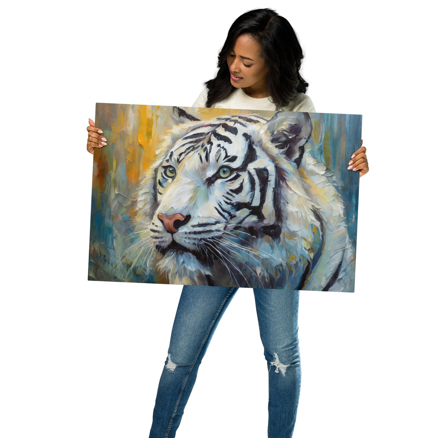 Metal Prints - A White Tiger, Feline Art, Cat Art, Wildlife Art, Nature Art, Tiger Art, White Tiger Art, Wall Art, Living Room Art, Bedroom Art, Exotic Animal Art, Painting, Art