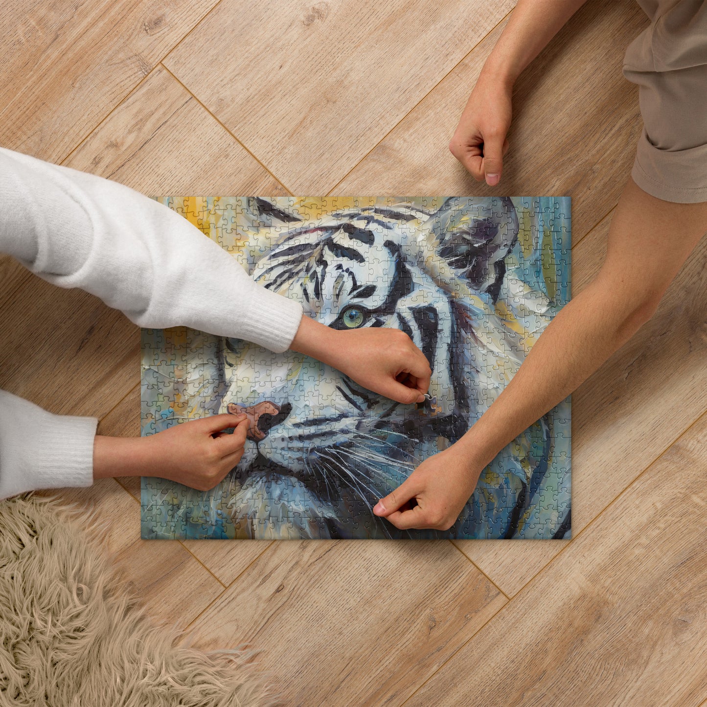 Jigsaw Puzzle - A White Tiger, Feline Art, Cat Art, Wildlife Art, Nature Art, Tiger Art, White Tiger Art, Wall Art, Living Room Art, Bedroom Art, Exotic Animal Art, Painting, Art,