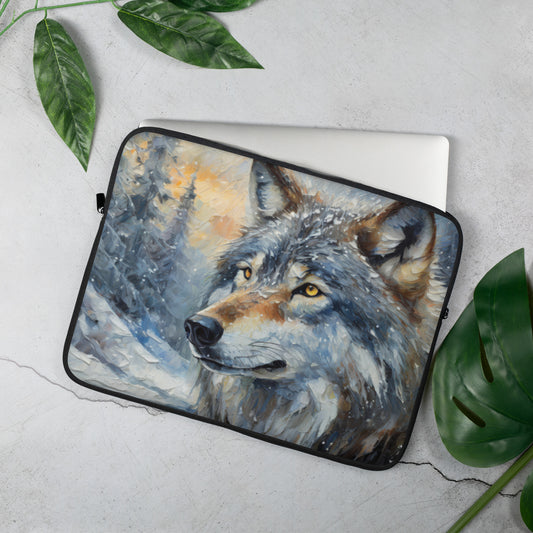 Laptop Sleeve - A Wolf In Winter, Seasonal Art, Winter Art, Wolf Art, Nature Art, Wildlife Art, Tech Art, Laptop Art, Home Décor, Painting, Artwork, Art,