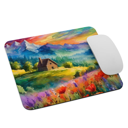 mountains, flowers, fields, sky, clouds, cabin, landscape, art, scenic